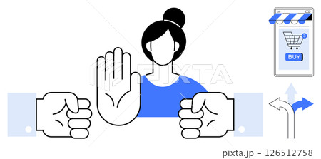 Woman raising hand, indicating stop, positioned between two fists and an online shopping icon with a buy button and arrows pointing in different directions. Ideal for e-commerce, decision-making Woman raising hand, indicating stop, positioned between two fists and an online shopping icon with a buy button and arrows pointing in different directions. Ideal for e-commerce, decision-making 126512758