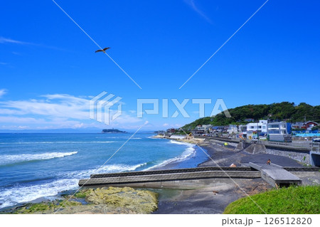サーファーが波と戯れる夏真っ盛りの湘南・鎌倉の海と、美しい江ノ島の風景で、夏休みのイメージ 126512820