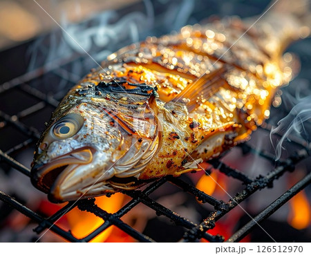 香ばしく焼かれた炭火焼き魚の接写写真 126512970