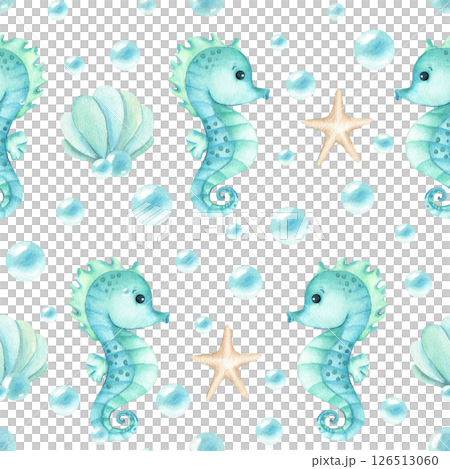 Seahorse cute character, seashell, stars, bubbles seamless pattern. Watercolor children illustration turquoise nautical style isolated from background. Kids design for stationary, textile, packaging 126513060