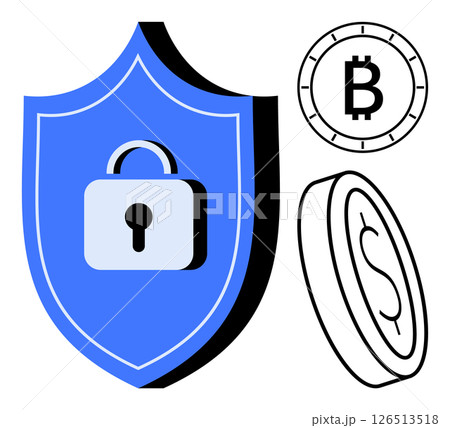 Blue shield with lock symbol, Bitcoin icon, and dollar coin sketch highlight digital security and cryptocurrency finance. Ideal for cybersecurity, financial technology, online transactions 126513518