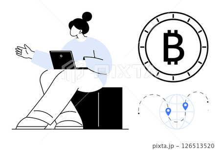 Person sitting with laptop, discussing or thinking. Large Bitcoin symbol next to globe with location pins indicating transactions. Ideal for cryptocurrency, education, fintech, global trade Person sitting with laptop, discussing or thinking. Large Bitcoin symbol next to globe with location pins indicating transactions. Ideal for cryptocurrency, education, fintech, global trade 126513520