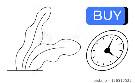 Abstract plant beside an analog clock shows minimalistic style, while a blue BUY button signifies urgency. Ideal for online shopping, time management, business strategy, e-commerce, marketing 126513523