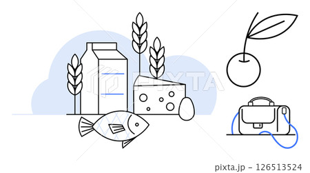 Milk carton, cheese, wheat stalks, fish, egg, and a cherry with a handbag. Ideal for nutrition education, healthy eating, culinary classes, diet plans, wellness guides, food blogs, marketing. Line 126513524