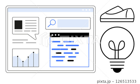Code snippets, search bar, graph, cloud platform, sneaker, and lightbulb evoke themes of technology, data analysis, creativity, and innovation. Ideal for web development, data science, creative Code snippets, search bar, graph, cloud platform, sneaker, and lightbulb evoke themes of technology, data analysis, creativity, and innovation. Ideal for web development, data science, creative 126513533