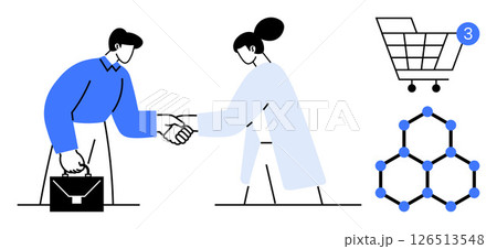 Businessman and businesswoman shaking hands holding briefcase, shopping cart with notification, molecular structure connected by lines and dots. Ideal for business deals, shopping, science, teamwork Businessman and businesswoman shaking hands holding briefcase, shopping cart with notification, molecular structure connected by lines and dots. Ideal for business deals, shopping, science, teamwork 126513548