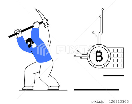 Miner with a pickaxe hits a Bitcoin symbol connected to circuitry. Ideal for cryptocurrency, blockchain, digital finance, mining, fintech themes. Simplistic vector style with blue and black colours 126513566