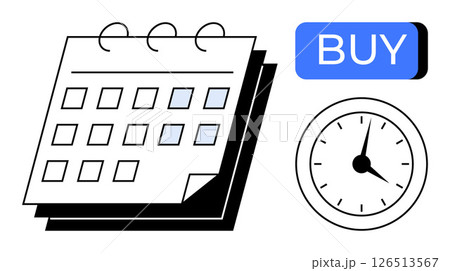 Calendar with ring binding, clock showing time, and blue BUY button. Ideal for scheduling, deadlines, appointments, reminders, online shopping, e-commerce promotions, and time-sensitive deals. Line 126513567
