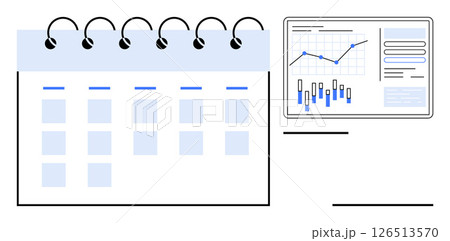 Calendar with marked days next to a data analytics chart with graphs. Ideal for project management, scheduling, data analysis, business planning, productivity tracking, performance assessment. Line 126513570