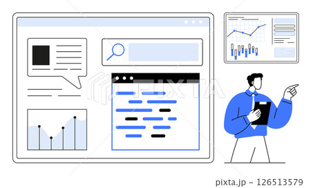 Man pointing at charts and graphs displayed on a large digital screen while holding a clipboard. Ideal for business analysis, data presentation, reports, training, education, marketing, strategic Man pointing at charts and graphs displayed on a large digital screen while holding a clipboard. Ideal for business analysis, data presentation, reports, training, education, marketing, strategic 126513579