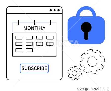 Monthly calendar with subscribe button, blue lock, and gears. Ideal for subscription services, online security, maintenance plans, user management, and digital content. Clean, modern, minimal 126513595