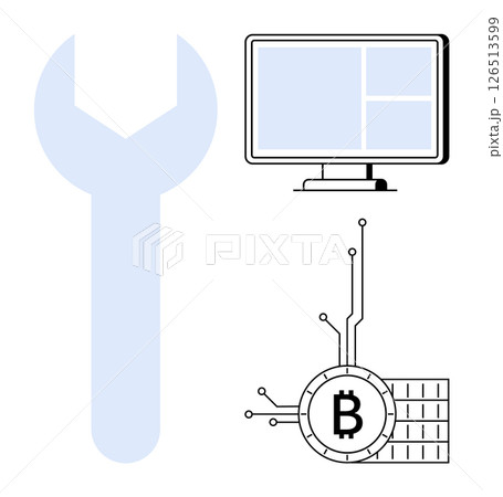 A large blue wrench, a computer monitor with multiple windows, and a Bitcoin symbol with circuit connections are visible. Ideal for technology, digital tools, cryptocurrency, blockchain, and IT 126513599