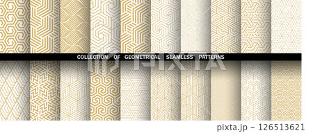 Geometric set of seamless golden and white patterns. Simple vector graphics 126513621