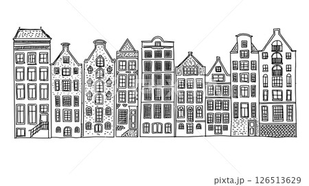 Houses facades in a row, Amsterdam hand drawn illustration.	 126513629