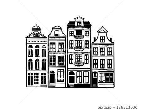 Houses facades in a row, Amsterdam hand drawn illustration. Houses facades in a row, Amsterdam hand drawn illustration. 126513630