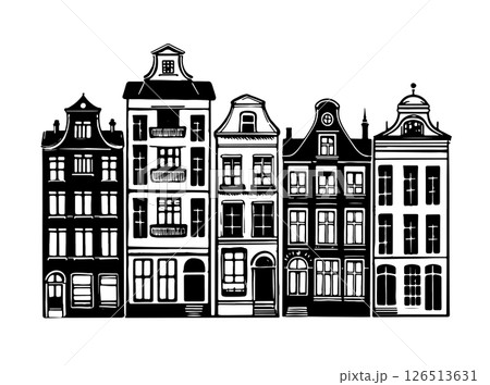 Houses facades in a row, Amsterdam hand drawn illustration. Houses facades in a row, Amsterdam hand drawn illustration. 126513631