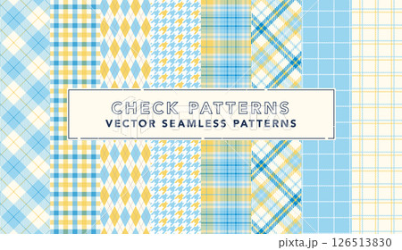 チェック柄のシームレスなベクター背景スウォッチセット ブルー/イエロー	 126513830