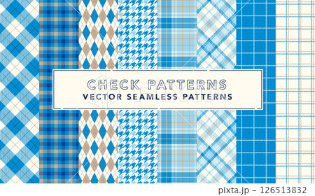 チェック柄のシームレスなベクター背景スウォッチセット 青/水色	 126513832