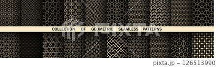 Geometric set of seamless black and golden patterns. Simple vector graphics 126513990