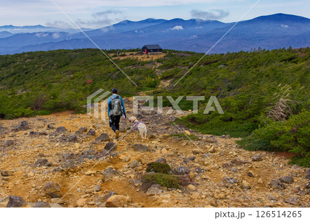安達太良山・鉄山稜線を行く登山者と避難小屋・吾妻連峰の眺め 126514265