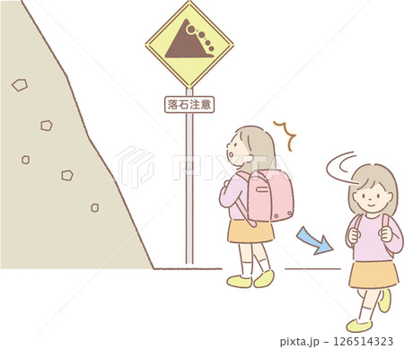 落石注意の看板の前で引き返す小学生女子 126514323