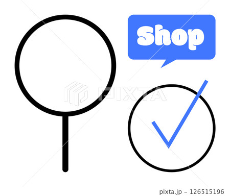A magnifying glass and a shopping sign with a checkmark. Ideal for online shopping, e-commerce, retail, consumer behavior, marketing promotions. Simple and modern style 126515196