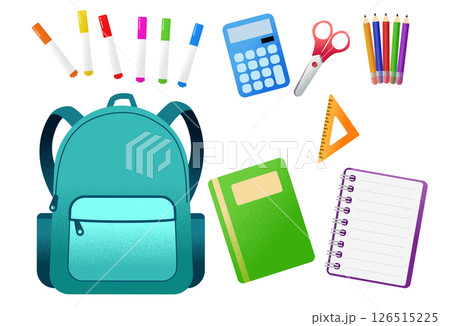 学校、教育用のイラストセット。文房具、ノート、小物など 学校、教育用のイラストセット。文房具、ノート、小物など 126515225