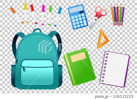 学校、教育用のイラストセット。文房具、ノート、小物など 学校、教育用のイラストセット。文房具、ノート、小物など 126515225