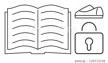Open book with lines, money bag, and lock symbols. Ideal for educational content, financial literacy, privacy, security measures, academic success, personal growth, digital protection. Line metaphor 126515236