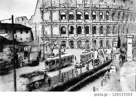 Glimpse of one of the streets of Rome at the end of the nineteenth century, with the facade of the Colosseum. Glimpse of one of the streets of Rome at the end of the nineteenth century, with the facade of the Colosseum. 126515503
