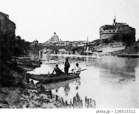 View of a boat on a river in Rome at the end of the nineteenth century, with the bridge, the basilica and the castle in the background. View of a boat on a river in Rome at the end of the nineteenth century, with the bridge, the basilica and the castle in the background. 126515512