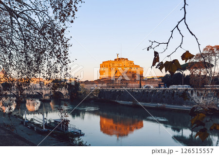 Rome in morning. Panoramic view of Castel Sant'Angelo with reflection in Tiber river in Rome, Italy. Rome in morning. Panoramic view of Castel Sant'Angelo with reflection in Tiber river in Rome, Italy. 126515557