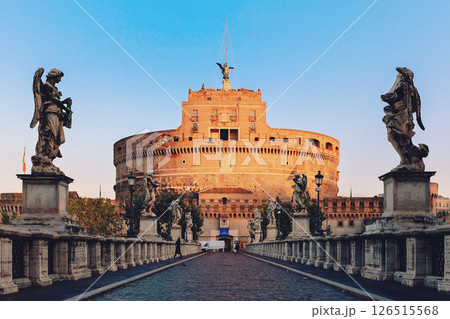 Rome in morning. Panoramic view of Castel Sant'Angelo and Bridge in Rome with sculptures statues on bridge. High quality photo Rome in morning. Panoramic view of Castel Sant'Angelo and Bridge in Rome with sculptures statues on bridge. High quality photo 126515568