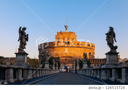 Rome in morning. Panoramic view of Castel Sant'Angelo and Bridge in Rome with sculptures statues on bridge. High quality photo Rome in morning. Panoramic view of Castel Sant'Angelo and Bridge in Rome with sculptures statues on bridge. High quality photo 126515728