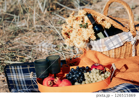 Autumn picnic on beach by sea. Fresh fruits, wine glasses, bottle, grapes, pomegranate near picnic basket on orange blanket. High quality photo 126515869