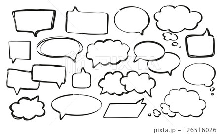 Speech bubbles set of marker brush stroke texture. Doodle handwriting elements with black empty communication frames for text messages in oval, cloud, rectangle and other shapes. Illustration. Speech bubbles set of marker brush stroke texture. Doodle handwriting elements with black empty communication frames for text messages in oval, cloud, rectangle and other shapes. Illustration. 126516026
