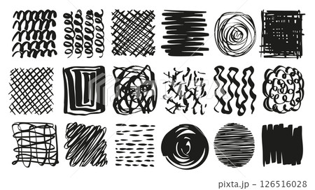Scribble square and round shapes set of marker brush stroke texture. Doodle handwriting elements with black abstract striped, grated, curves and waves lines decorative frames. Illustration. 126516028
