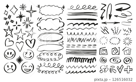 Doodle underline emphasis scribble set of marker brush stroke texture. Handwriting elements with black stars, hearts, emoji, speech bubbles, clouds, curves, arrows, swirls, other. Illustration. Doodle underline emphasis scribble set of marker brush stroke texture. Handwriting elements with black stars, hearts, emoji, speech bubbles, clouds, curves, arrows, swirls, other. Illustration. 126516032