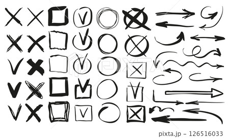 Check marks and arrows set of marker brush stroke texture. Doodle handwriting elements with black hand drawn cross or tick checkboxes, square vote frames and different cursors. Illustration. Check marks and arrows set of marker brush stroke texture. Doodle handwriting elements with black hand drawn cross or tick checkboxes, square vote frames and different cursors. Illustration. 126516033