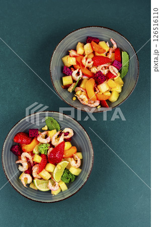 Plate of shrimp fruits salad. Plate of shrimp fruits salad. 126516110