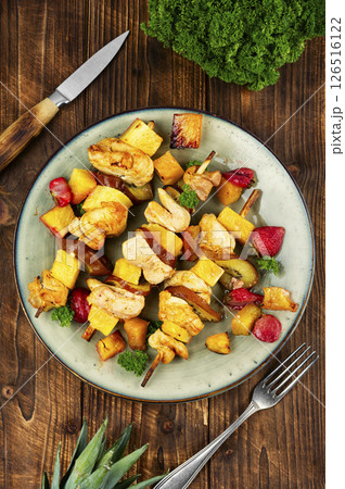 Skewers with chicken breast, shish kebab. 126516122