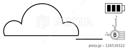 Simple cloud image with battery icon and Bitcoin chip. Ideal for information technology, cloud storage, cryptocurrency, energy efficiency, and data management. Minimalist style with vector graphics Simple cloud image with battery icon and Bitcoin chip. Ideal for information technology, cloud storage, cryptocurrency, energy efficiency, and data management. Minimalist style with vector graphics 126516322