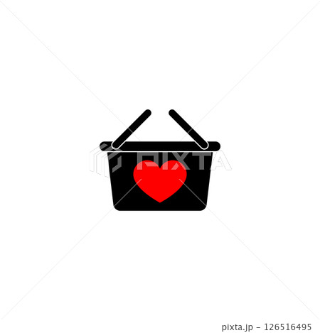 Shopping basket icon with red heart. Plastic shop basket with handle and heart symbol. Vector illustration. Editable template. Shopping basket icon with red heart. Plastic shop basket with handle and heart symbol. Vector illustration. Editable template. 126516495