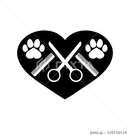 Dog grooming logo design template. Dog pawprint with comb and scissors. Vector clipart and drawing. Isolated illustration on white background. Dog grooming logo design template. Dog pawprint with comb and scissors. Vector clipart and drawing. Isolated illustration on white background. 126516514