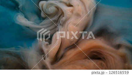 Shiny fluid. Vapor art. Defocused brown blue color paint glitter texture acrylic chemical substance spreading on abstract background. 126516559