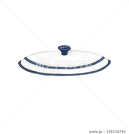 A watercolor painting of a white pot lid with a blue handle and blue longitudinal stripes on a white background. The detailed design emphasizes its classic style and functionality, making it suitable A watercolor painting of a white pot lid with a blue handle and blue longitudinal stripes on a white background. The detailed design emphasizes its classic style and functionality, making it suitable 126516745