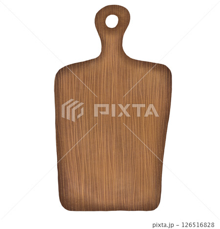 Watercolor cutting board with wooden texture illustration isolated on white background, Hand-drawn wooden rectangular serving board design element, flat rustic dish for cutting food clipart, Wooden 126516828