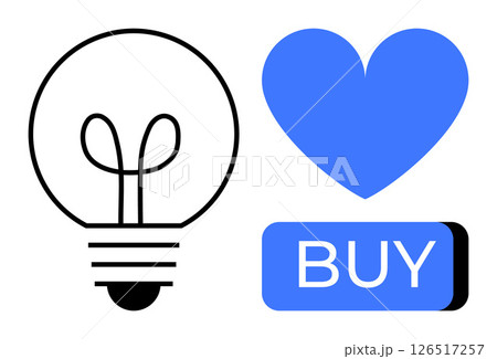 Lightbulb icon symbolizing innovation next to blue heart over BUY button. Ideal for marketing, e-commerce, innovation, advertising, business strategy, consumer behavior, product design. Line metaphor 126517257