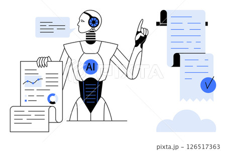 A robot with AI symbol holding data charts and documents points to a checklist on a scroll. Ideal for technology, artificial intelligence, data analysis, automation, and innovation. Simple vector art A robot with AI symbol holding data charts and documents points to a checklist on a scroll. Ideal for technology, artificial intelligence, data analysis, automation, and innovation. Simple vector art 126517363