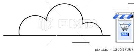 A cloud and a smartphone with a shopping cart icon and a buy button. Ideal for online shopping, cloud storage, ecommerce, digital transactions, and retail technology. Simple, modern, clean 126517367